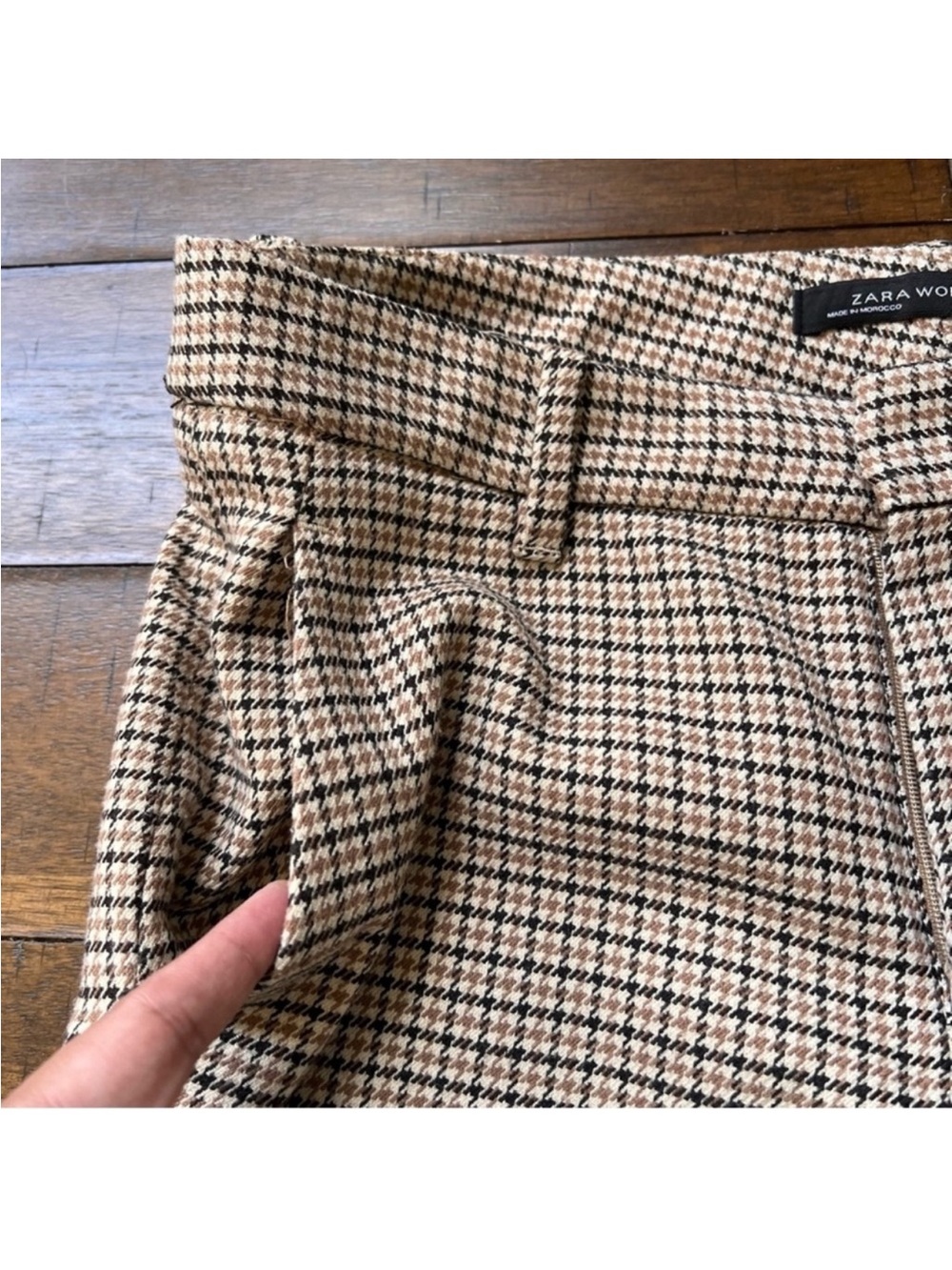 Zara Woman Houndstooth Check patterned slim trousers tan size 4 - Picture 6 of 8